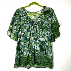 DKNY JEANS  Smocked Sheer Lined Botanical Pattern Blouse -  S